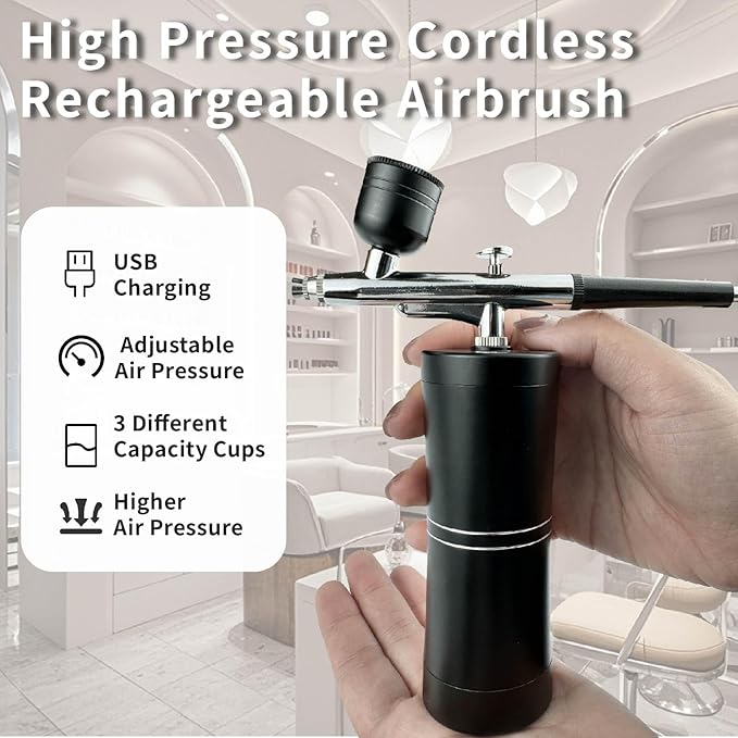 Airbrush kit,Airbrush for Nails,Airbrush Cordless Rechargeable 3-Speed Adjustable air Pressure Settings,High Pressure Airbrush for Nails Art, Painting, Cake Decor, Cookie, Mode, Makeup, Barber