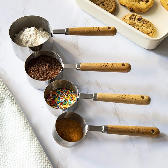 8 Piece Measuring Cups Set and Measuring Spoons Set-Nesting Kitchen Measuring Set, Liquid and Dry Measuring Cup Set (Wood)