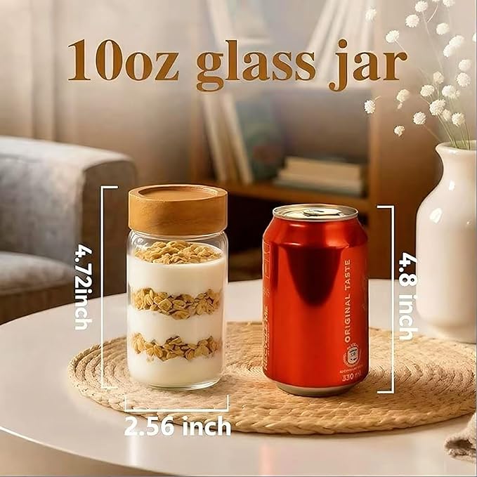 6-Pack 10 oz Airtight Food-Grade Glass Mason Jars with Acacia Wood Lids - Sealable, Waterproof & Stackable Canister Set for Overnight Oats, Dry Goods, Baking Supplies & Pantry Organization