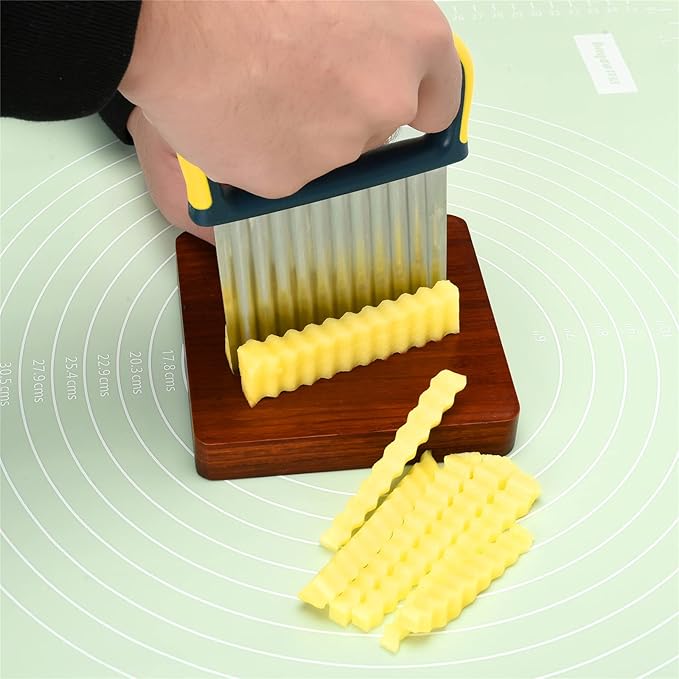 Vegetable Chopper - Stainless Steel Blade Crinkle Cutter/Wavy Knife Veggies French Fry Slicer and Plastic Dough/Cake Scraper,2 piece (Yellow)