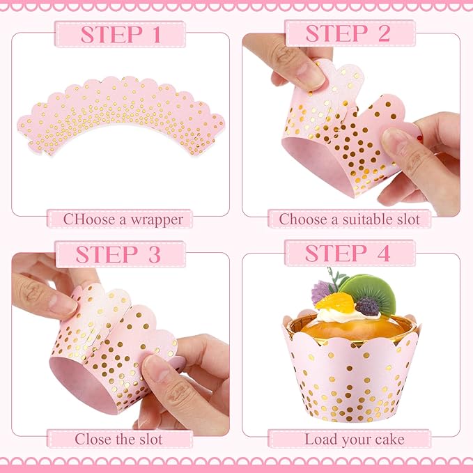 Zhehao 60 Pcs Gold Polka Dots Cupcake Wrappers Adjustable Graduation Cupcake Liners Paper Baking Cups Disposable Muffin Liners Holders for Birthday Baby Shower Wedding Party Supplies(Light Pink)