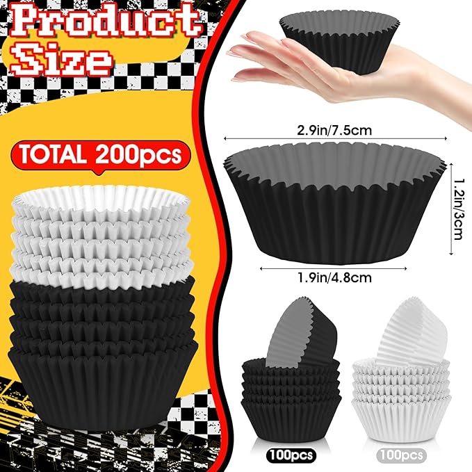 200PCS Black and White Cupcake Liners Mini Muffin Baking Cups Wrappers for Race Car Birthday Party Supplies Disposable Cupcake Papers for Black and White Soccer Party Decorations