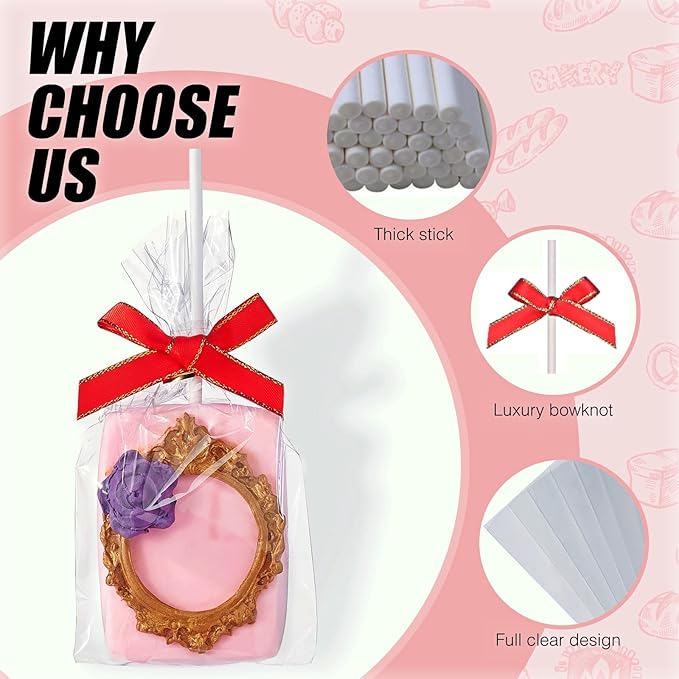 RomanticBaking 50 Sets Clear Rice Krispie Treat Bags with Red Ribbon Bow and Stick & Flat Cellophane Clear Bags for Rice Krispie Treats Gift Giving Bag(Red)
