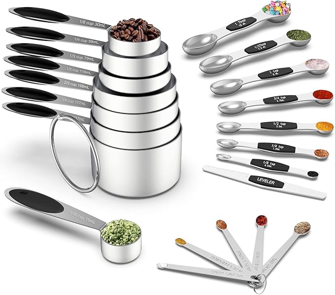 Measuring Cups and Magnetic Measuring Spoons Set, Wildone Stainless Steel 8 Measuring Cups, 7 Double Sided Stackable Magnetic Measuring Spoons, 1 Leveler & 5 Mini Spoons - 21 Piece Black