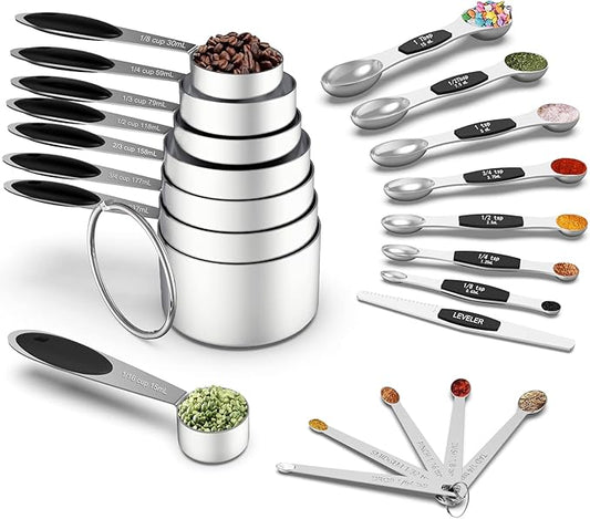 Measuring Cups and Magnetic Measuring Spoons Set, Wildone Stainless Steel 8 Measuring Cups, 7 Double Sided Stackable Magnetic Measuring Spoons, 1 Leveler & 5 Mini Spoons - 21 Piece Black