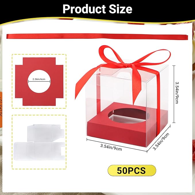 EUSOAR Cupcake Boxes Individual, 50 Pcs 3.5 Inch Clear Muffins Cupcake Containers with Inserts and Gift Ribbon, Dessert Pastry Holder Disposable Cookies Wrappers for Wedding Party Favor Bakery