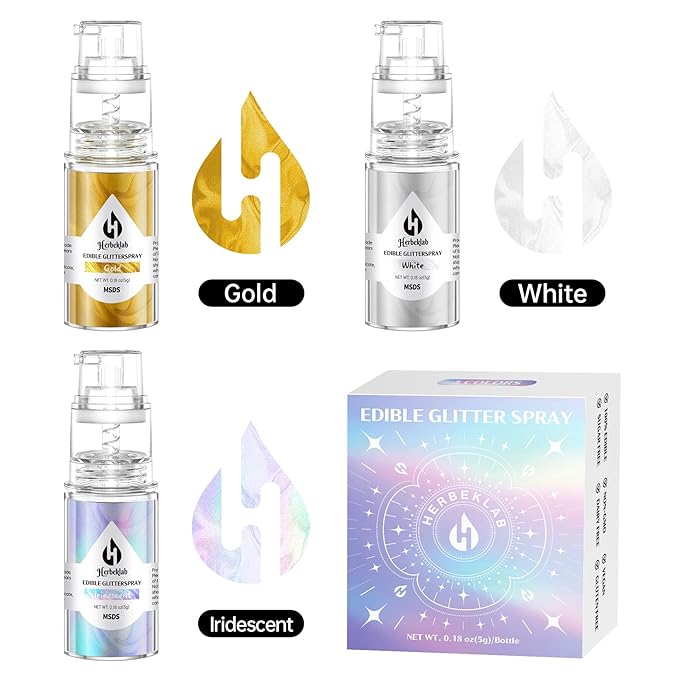 Edible Glitter Spray Set - 3 Colors Iridescent Gold & White Food Grade Shimmer Powder, Metallic Edible Spray Glitter for Cakes, Cookies, Chocolate & Strawberries, 5g/Bottle