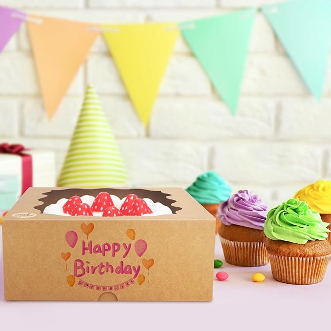 Eupako 10x10x5-Inches-Cake-Boxes-with-Window-25pcs-Brown-Bakery-Boxes for Pies, Cookies, Pastries, Chocolates, Birthday Party, Wedding