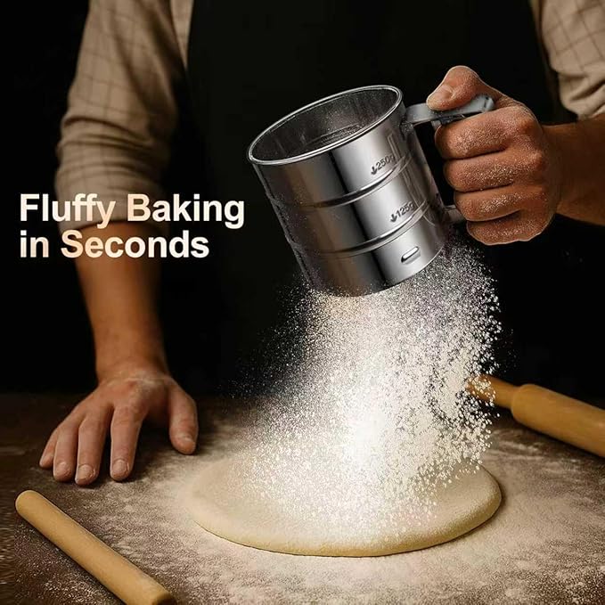 Flour Sifter,Upgraded 3-Cup Flour Sifter for Baking, One-Hand Press 3-in-1 Sifter with Double-Layer Fine Mesh, Stainless Steel Flour Sieve Baker for Quick Sifting and Super Smooth Dough Dusting