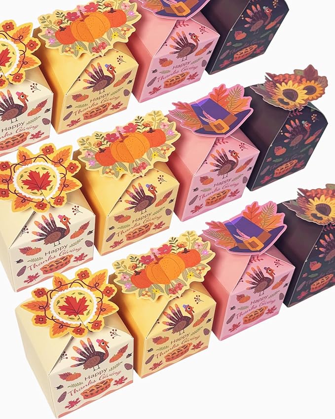 qiqee Thanksgiving Gift Boxes Fall Treat Cookie Boxes for Gift Giving Festival Party, 3D Square Gift Box,Small Cardboard Box for Bakery,Candy,Snacks (28pcs 3.3x3.3x3.3 Inches)