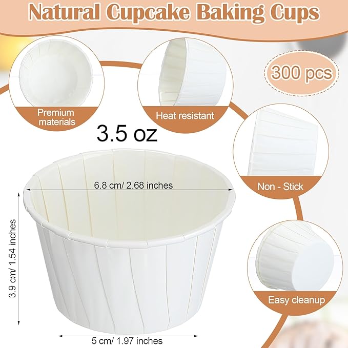 300 Pcs Paper Dessert Cups, 3.5 oz Cupcake Baking Liners Parchment Muffin Liners Disposable Ice Cream Cups for Pills, Dessert, Medication Distribution, Tasting, Wedding Birthday