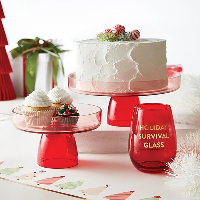 Slant Collections Cake Stand Two-Toned Glass Cake Plate Tabletop Pedestal Dessert Holder, 7" Diameter, Clear/Red