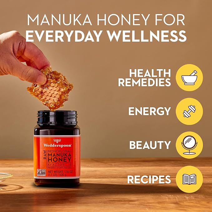 Wedderspoon Raw Premium Manuka Honey, KFactor 16, 17.6 Oz, Unpasteurized, Genuine New Zealand Honey, Traceable from Our Hives to Your Home