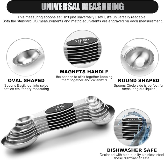 SHIKORI Magnetic Measuring Spoons Set of 8 Stainless Steel Stackable Dual Sided Nesting Teaspoons and Tablespoons for Measuring Dry and Liquid Ingredients-Black