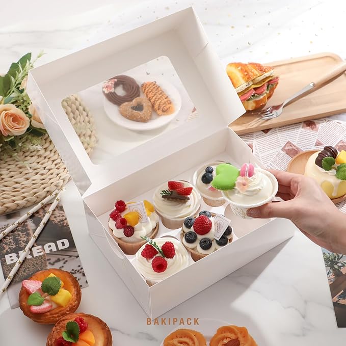 25 Cupcake Boxes, White Cupcake Boxes 6 Count with Window and Inserts, Cupcake Holders for Cupcakes, Muffins, Cookies, Pastries