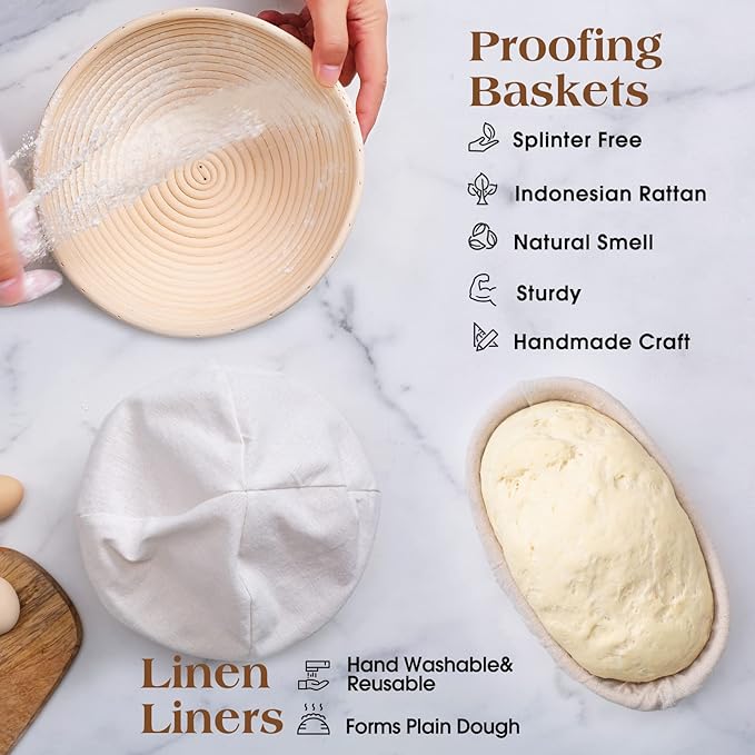 Sourdough Starter Kit, Sourdough Bread Baking Supplies,40oz Sourdough Starter Jar, 9" Round & 10"Oval Rattan Banneton Bread Proofing Baskets Set, Bread baking tools,Silicone bread Sling