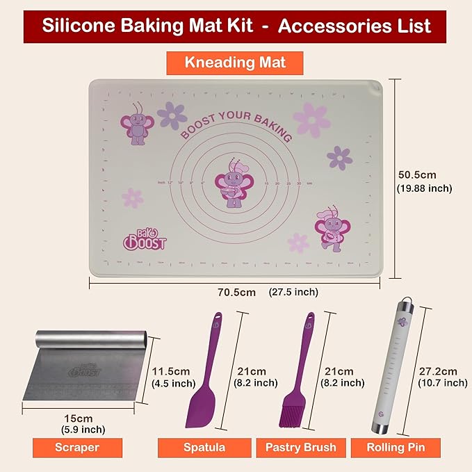 Silicone Baking Mat Set | Extra Large Non-Stick Pastry Mat with Rolling Pin, Dough Cutter, Spatula & Brush | For Cookies, Pie Crust, Pizza, Bread | Easy Clean Baking Kit