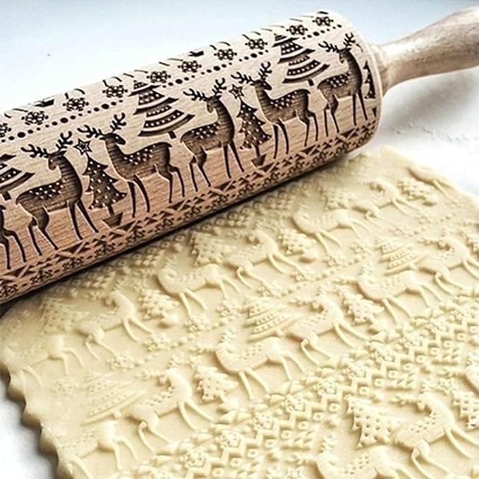 Christmas Wooden Embossing Rolling Pin - Engraved Snowflake Flower Design, Cookie Stamps Roller for Embossed Cookies, Cute Kitchen Decor DIY Baking Tool for Kids and Adults (Elk)