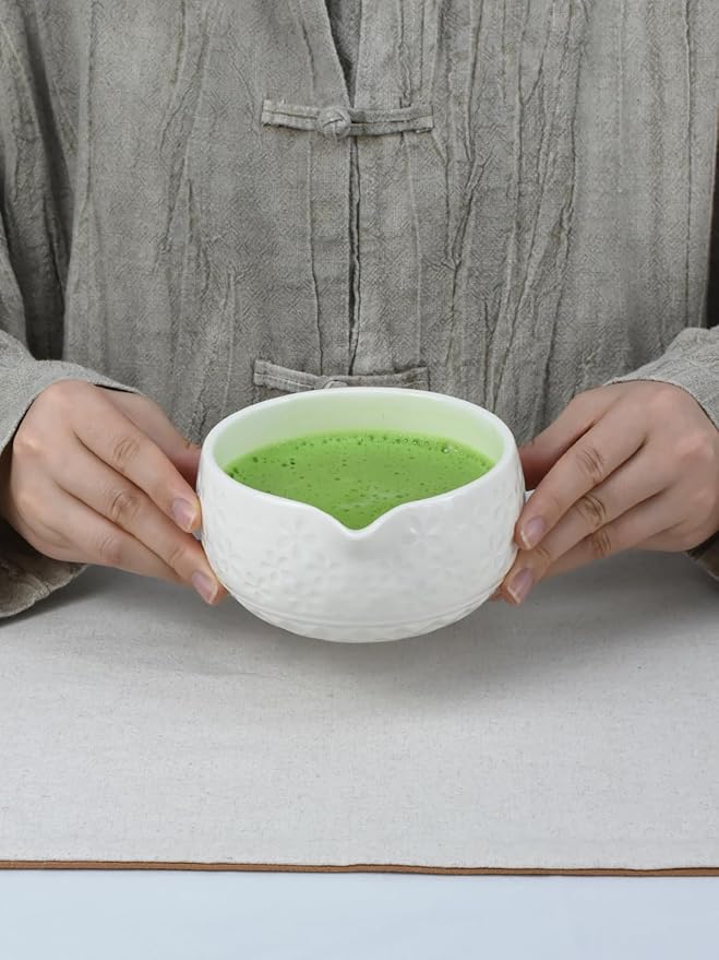 Artcome Matcha Tea Set – Green Sakura Embossed Ceramic Bowl 17oz with Bamboo Whisk, Whisk Holder, Strainer, Scoop, Tea Spoon, Cloth – Traditional Japanese Matcha Kit for Daily Use & Gift Giving