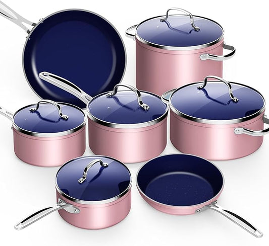 Nuwave 12pc Forged Lightweight Cookware Set, G10 Healthy Duralon Ceramic Ultra Non-Stick Coating, Vented Tempered Glass Lids, Stay-Cool Handles, Induction-Ready & Works on All Cooktops, PFAS Free