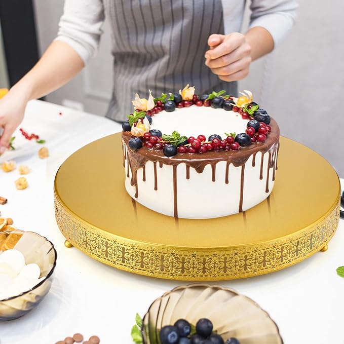 Wenqik Gold Cake Stand, 18 Inch Large Metal Round Cupcake Dessert Stand with Cake Knife and Server Wedding Cupcake Display Holder Cookies Serving Tray for Wedding Birthday Baby Shower Party
