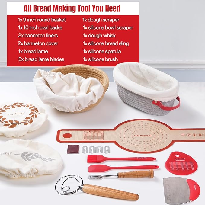 Cotton Rope Bread Proofing Basket Set, Sourdough Starter Kit with Round & Oval Banneton Baskets with Liners & Covers, Dough Whisk, Bread Lame, Dough Scraper, Sling, Sourdough Bread Baking Supplies