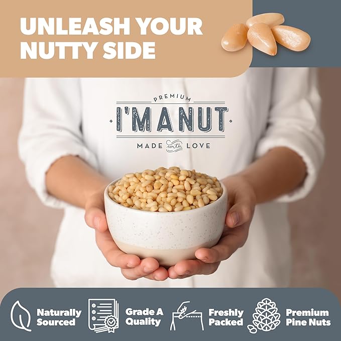 Premium Raw Pine Nuts 16oz (1 lb.) Non-GMO, No Additives Batch Tested Gluten & Peanut Free, Resealable Pouch for Freshness, Unsalted Pine Nuts - Perfect for Pesto, Salads, Gourmet Cooking and Baking