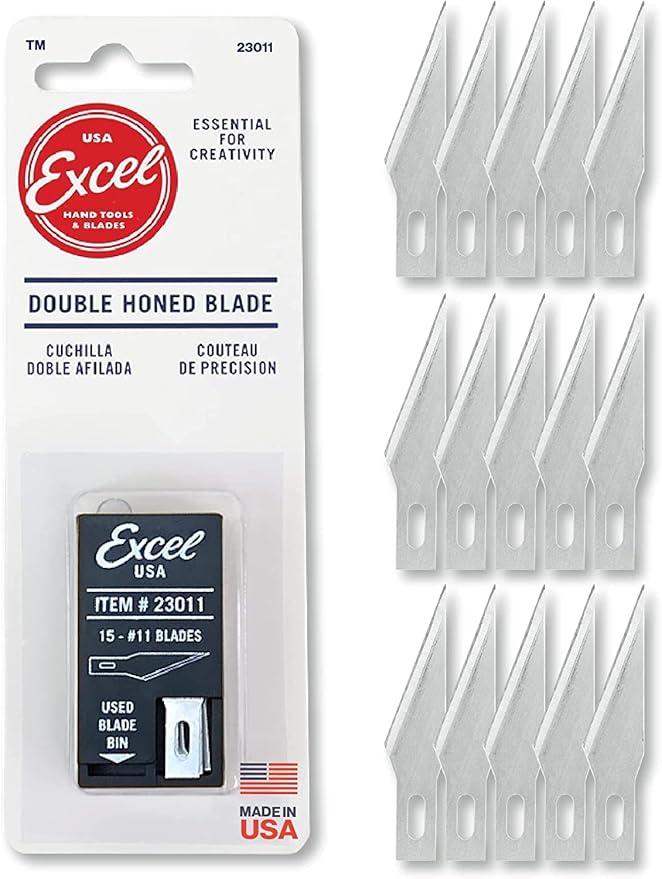 Excel Blades #11 Precision Craft Knife Replacement Blades – Sharp Double-Honed Steel Blades for Trimming, and Detailing Wood, Plastic, Leather, and Foam – 15-Pack with Safety Dispenser – Made in USA