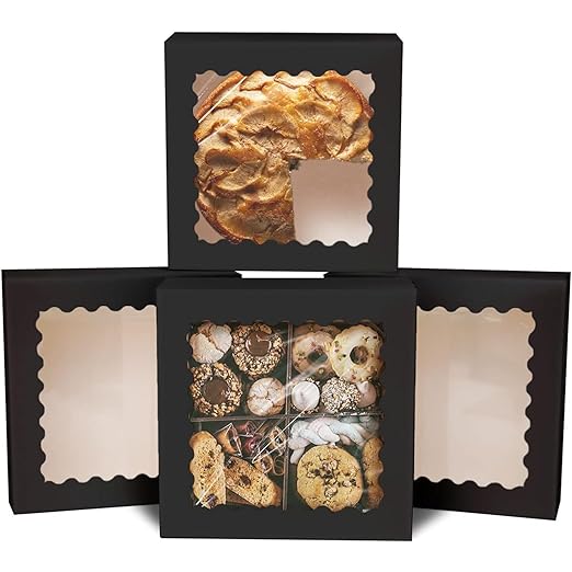 qiqee Auto-pop Up 30pcs Pie Box With Window 9x9x2.5 Inch Donut Pastry Boxes Black Bakery Box