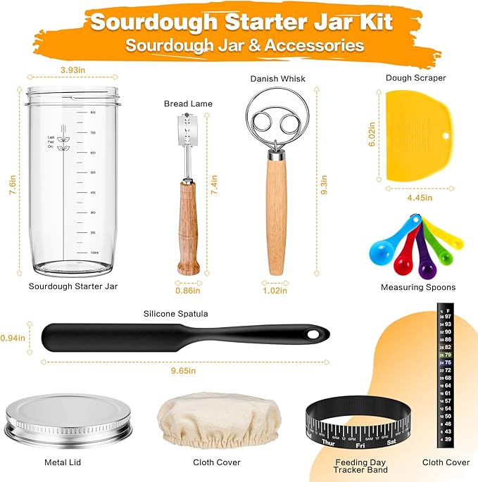 Glass Sourdough Starter Kit with Cloth Cover & Metal Lid, Tracker Band, Thermometer, Jar Scraper, Lame, Dough Whisk, Bread Baking Supplies