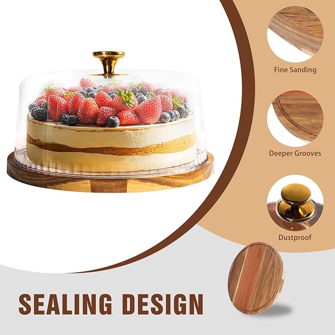 Cake Stand, 12" Wood Cake Holder with Dome, Dessert Stand with Acrylic Lid Cover, Appetizer Dessert Cheese Serving Platter for Parties, Birthday, Weddings