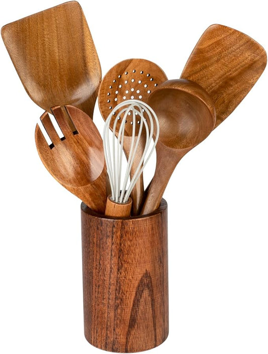 Wooden Utensils for Cooking, 7pcs Natural Acacia Wood kitchen utensils set with Holder For Cooking Utensil set Wooden Spoons Spurtle Spatula For Cooing Non-Stick Pan