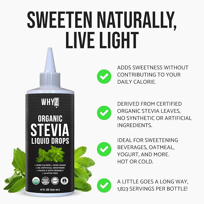 Organic Stevia Liquid Drops Pure Liquid Stevia Extract, Zero Calorie Sweetener for Coffee, Tea & Baking Keto Friendly Sweetener Drops, 8 fl oz, 1,823 Servings