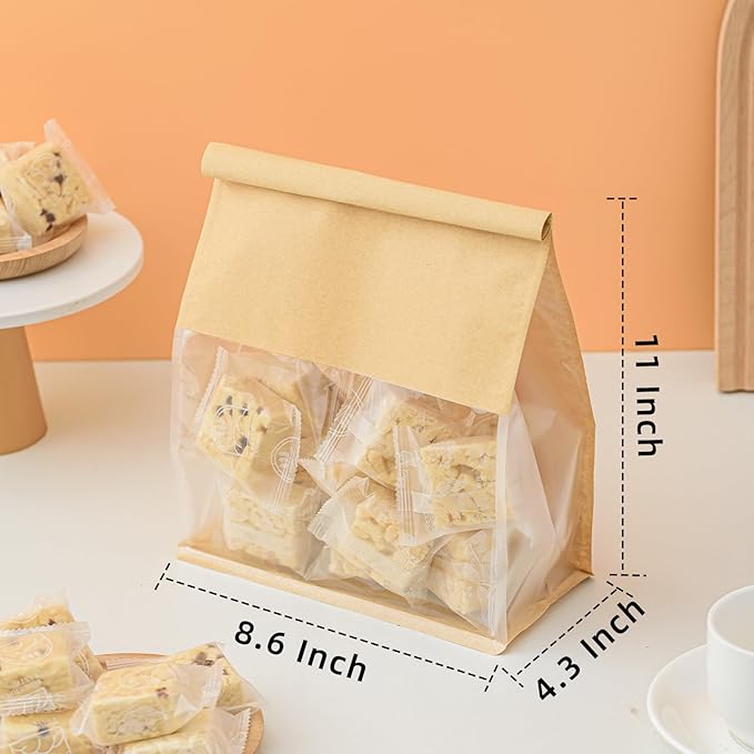 100 Pcs 8.6 Inch Brown Kraft Paper Bread Bags with Tin Tie, Large Homemade Bread Packing Bag, Thickened Storage Bagel Bag with Clear Window for Bakery