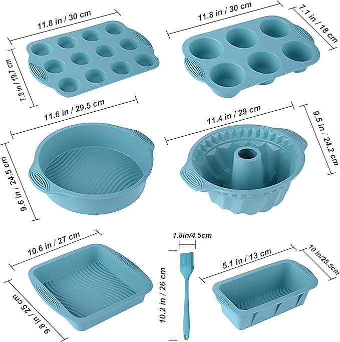 7in1 Nonstick Silicone Baking Cake Pan Cookie Sheet Molds Tray Set for Oven, BPA Free Heat Resistant Bakeware Suppliers Tools Kit for Muffin Loaf Bread Pizza Cheesecake Cupcake Pie Utensil