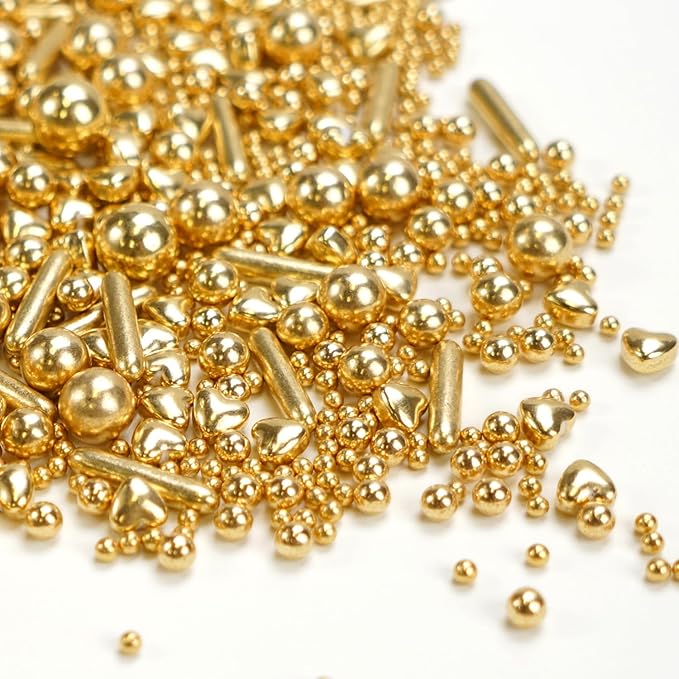 Edible Gold Pearl Heart Rods Sprinkles, Mix Size, Gold Pearl Sprinkles for Cake Decorating, Cupcake Topper Decorations, Wedding Party Christmas Supplies, 130g/4.58oz