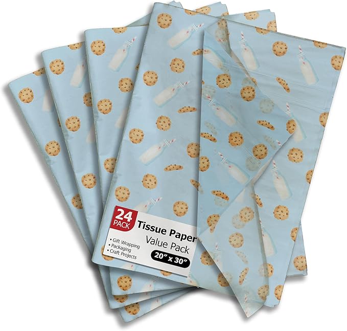 Milk and Cookies Printed Tissue Paper for Birthday Party Gift Bags or Boxes and Wrapping - Bulk Decorative Art Tissue Paper for Packaging and Gifting | 24 Sheets 20" x 30"