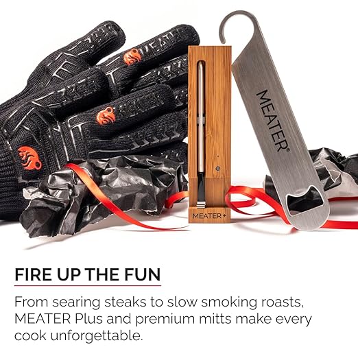 MEATER Plus Bundle: Smart Digital Wireless Meat Thermometer with Heat-Resistant BBQ Mitts & Bar Blade Opener | Grilling, Smoking, Roasting, Baking, & BBQ | Limited Edition Brown Sugar Color