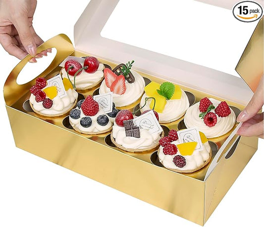 15 Gold Cupcake Boxes 8 Count with Window and Inserts, Cupcake Containers, Mother's Day Cupcake Boxes for Cupcakes, Muffins, Cookies