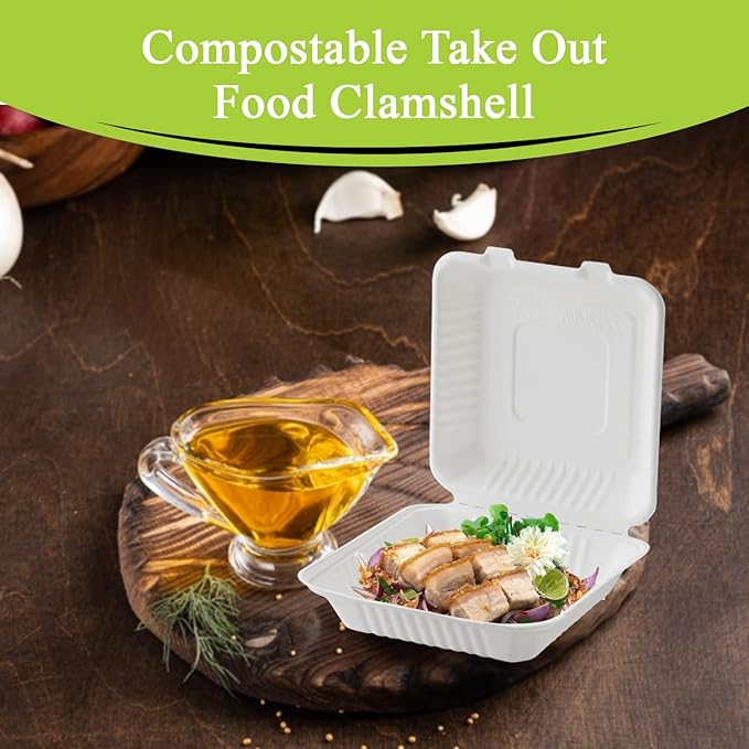 three leaf 8" x 8" 1 COMPARTMENT BAGASSE CLAMSHELL, 200 Ct. Heavy-Duty- Super Strong- Natural- Eco-Friendly Disposable Bagasse Clamshell, 100% Biodegradable 8 inch clamshell