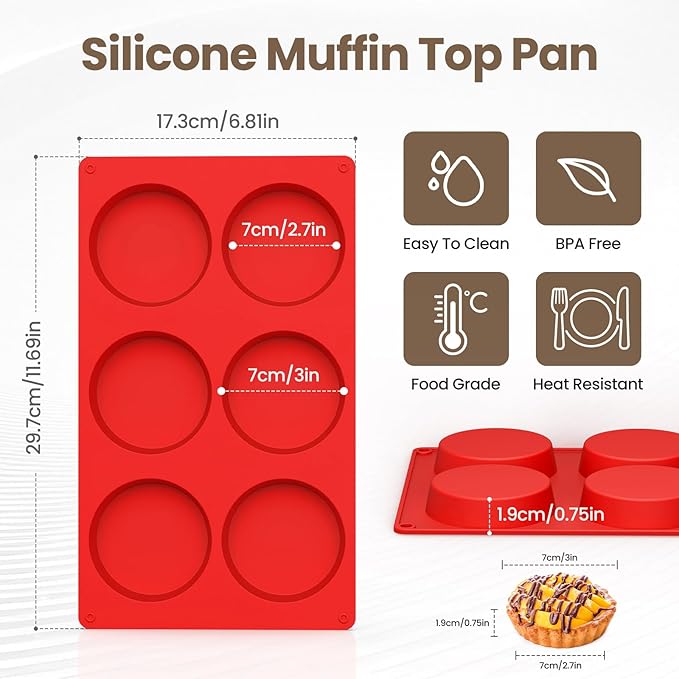 Redfly Silicone Egg Molds for Breakfast Sandwiches 3 Pcs, Non Stick 3 Inch Egg Bites Baking Pans, Silicone Muffin Pans for Baking, Round Muffin Top Pan for Whoopie Pie Pan, Tarts, Quiche