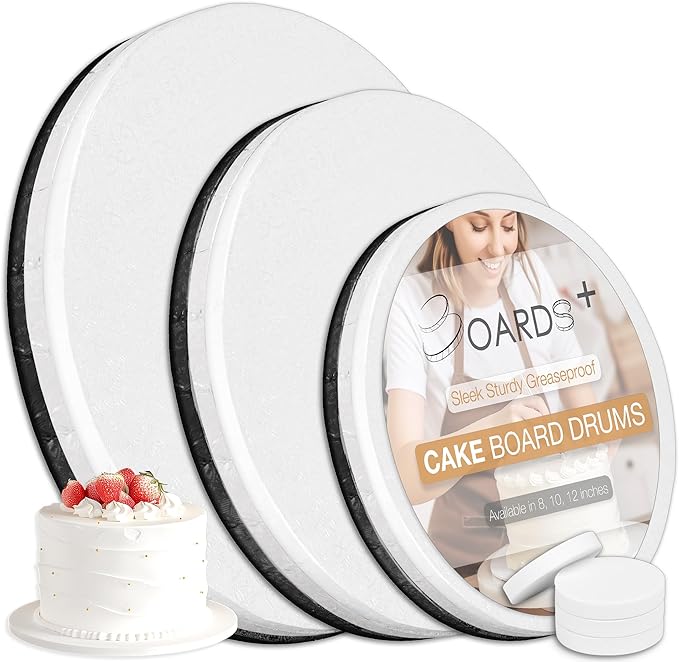 BOARDS+ 9 Pack Cake Board Drums 8, 10 & 12 Inch in White, Silver & Black Color | 1/2" Thick Cake Circle Rounds + Free Prop Up Tools | Fully Greaseproof, Sturdy for Heavy/Tiered Cakes