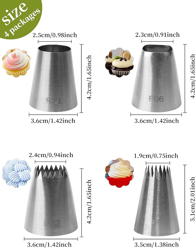4Pcs X-Large Stainless Steel Square Round Piping Nozzles Set,Stainless Steel Icing Nozzles Piping Kit for Cake Decorating,Piping Tips Set