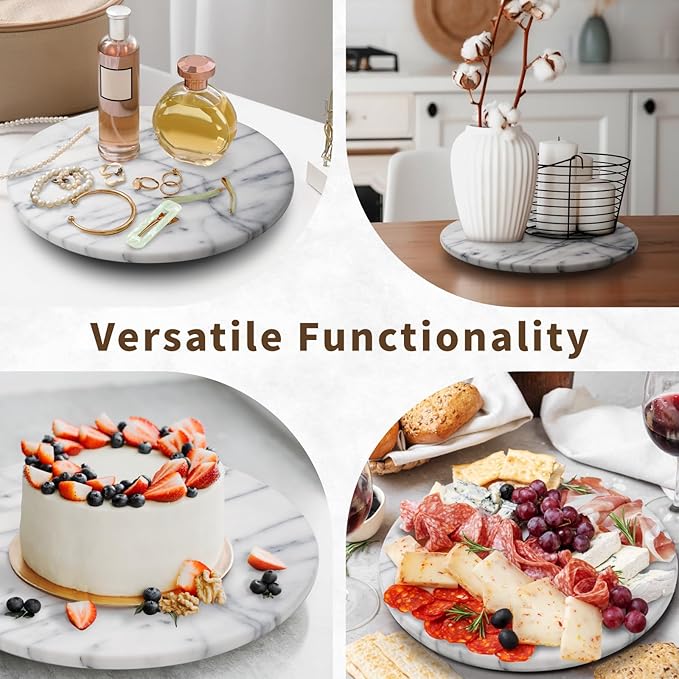 Marble Lazy Susan Turntable for Dining Table & Countertop - 12 Inch White Stone Lazy Susan Cake Stand with Smooth 360° Rotation for Kitchen Serving, Food Display & Decorating