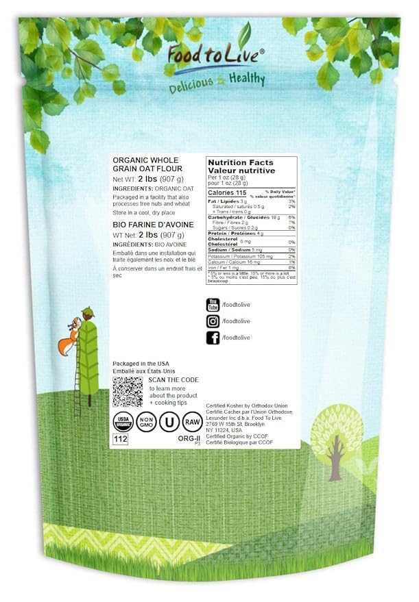 Food to Live Organic Oat Flour, 2 Pounds - Non-GMO, Fine, Stone Ground from Whole Grain Oat Berries, Kosher, Vegan, Bulk, Great for Baking Pancakes, Muffins, Waffles and Bread, Good Source of Fiber