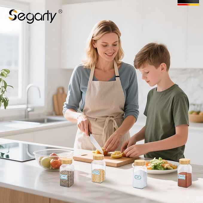 Segarty 6oz Spices Jars with Bamboo Shaker Lids, 6 Pack 180ml Square Spice Containers, Empty Glass Seasoning Organizers Spices Cereal Storage Set, Large Salt and Pepper Shakers, 7 Stickers and 1 Brush