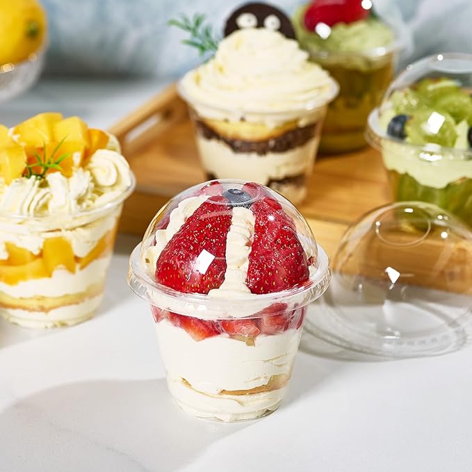 Turbo Bee 120 Pack 9 OZ Clear Plastic Cups with Dome Lids, Disposable Dessert Cups with Lids for Fruit, Snack Smoothie, Pudding and Ice Cream (No Hole)