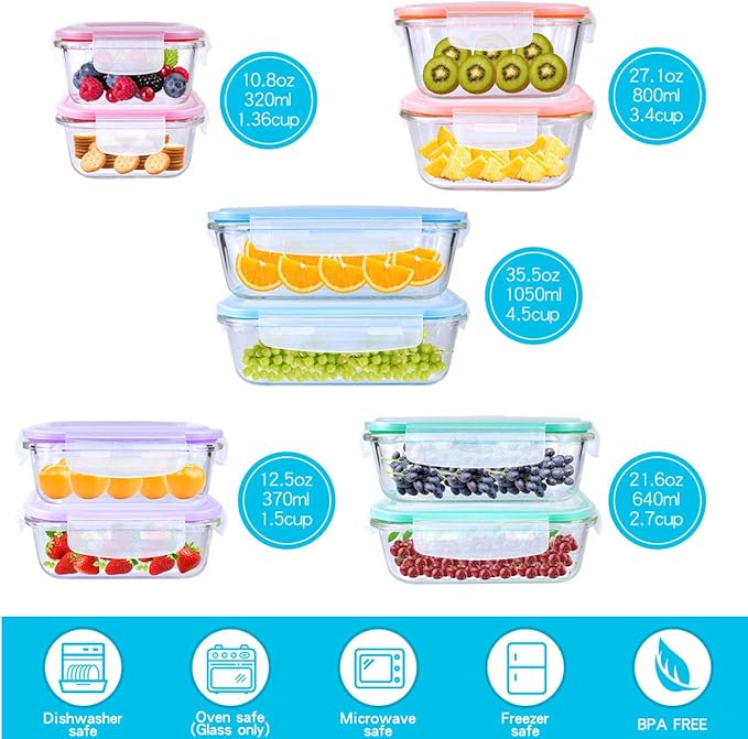 20 Pc Glass Food Storage Containers with Snap Lock Lids, Airtight & Leakproof, Bonus 2 Oven Silicone Gloves, Safe for Dishwasher, Oven, Microwave,Freezer, BPA Free
