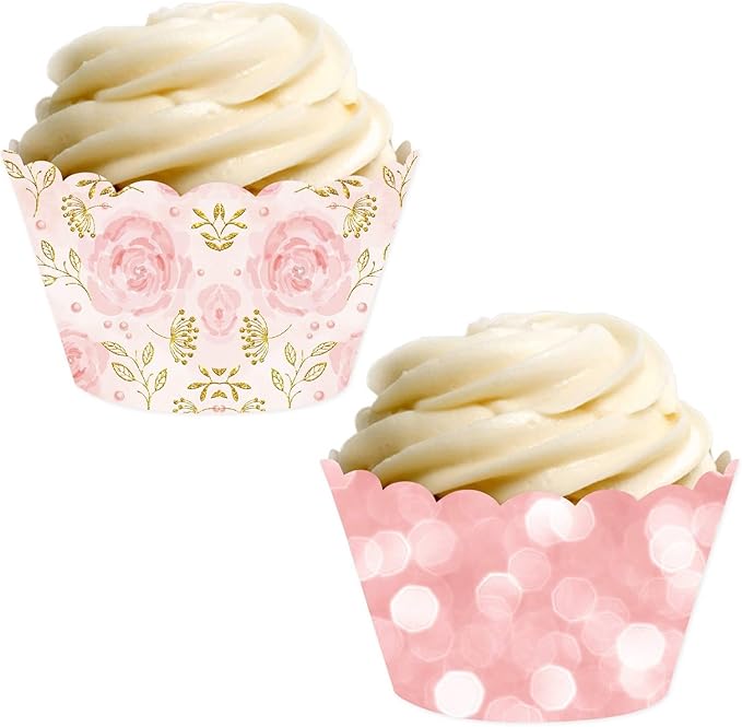 Andaz Press Party Cupcake Wrapper Decorations, Pink Roses and Bokeh Pink Glitter, 24-Pack, Girls Baby Shower 1st Birthday Theme Colored Bulk Cake Supplies
