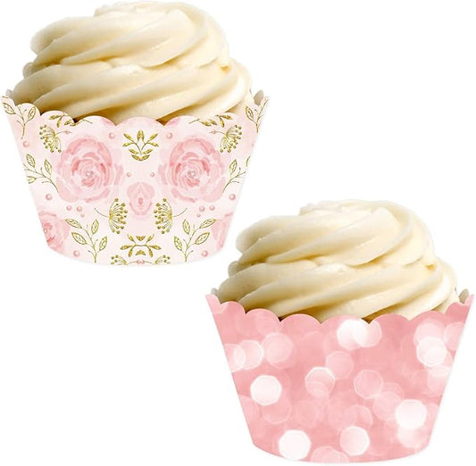 Andaz Press Party Cupcake Wrapper Decorations, Pink Roses and Bokeh Pink Glitter, 24-Pack, Girls Baby Shower 1st Birthday Theme Colored Bulk Cake Supplies